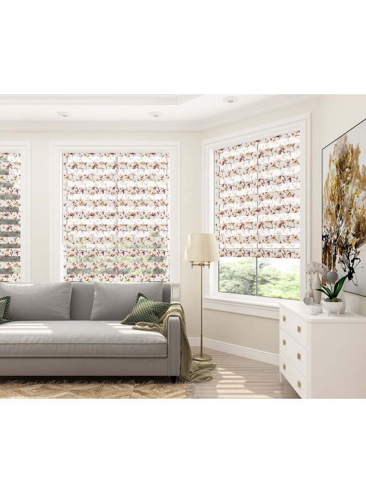 ZEBRA PERDE  KREM ÇİÇEKLİ KAHVERENGİ DAL MODELİ